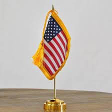 United States miniature flag with fringe, cord, tassels and matching base